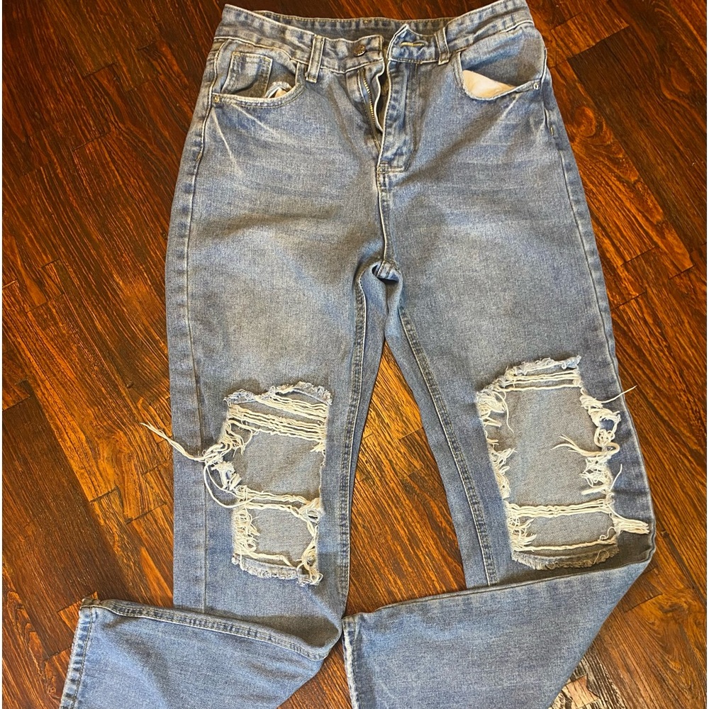 Jeans Women's Size Medium Shein Straight Denim Blue High Rise Distressed
